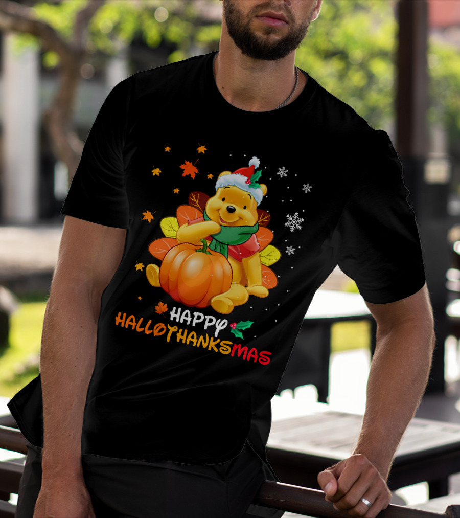 Happy Hallothanksmas Winnie Pumpkin Santa Hat Snowflakes T-Shirt