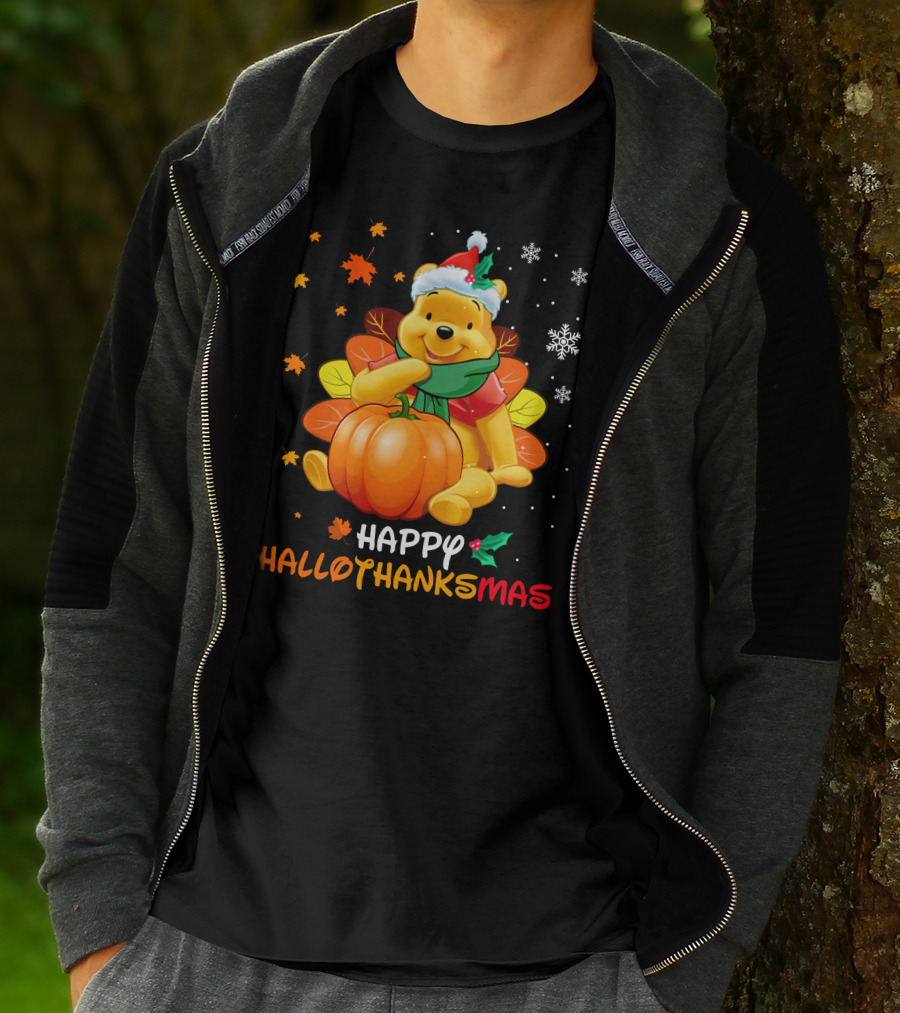 Happy Hallothanksmas Winnie Pumpkin Santa Hat Snowflakes T-Shirt