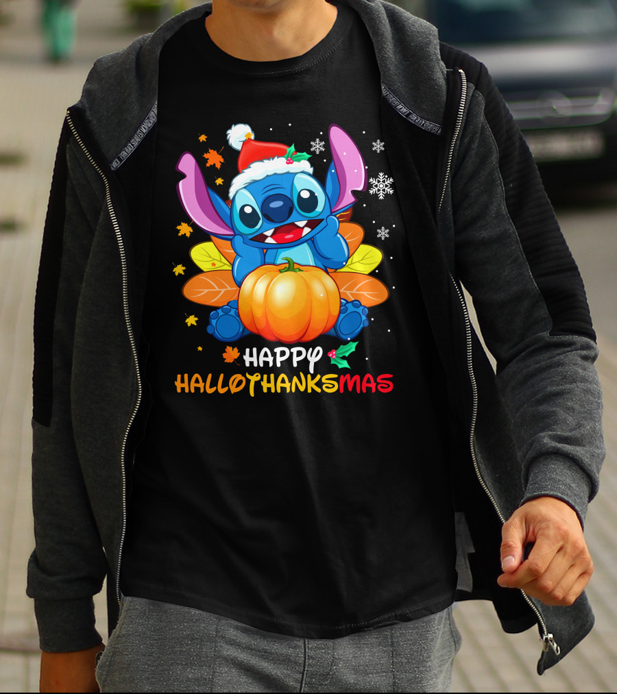 Happy Hallothanksmas Winter Stitch With Pumpkin And Santa Hat T-Shirt
