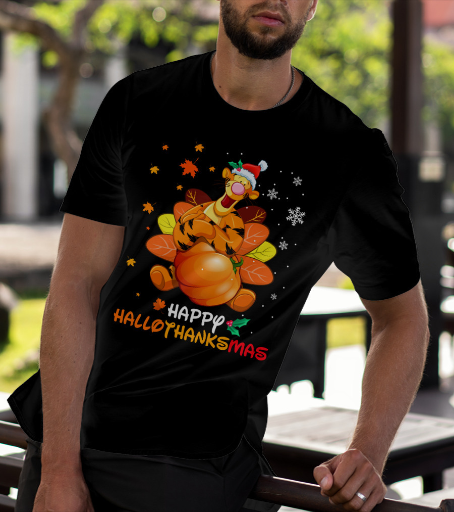 Happy Hallothanksmas Tg Tiger With Pumpkin Santa Hat And Turkey Feathers Snowflakes And Autumn Leaves T-Shirt