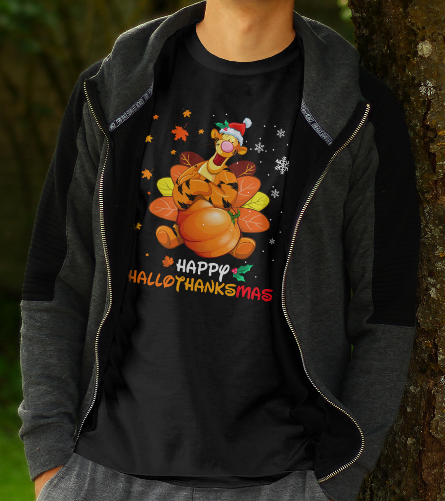 Happy Hallothanksmas Tg Tiger With Pumpkin Santa Hat And Turkey Feathers Snowflakes And Autumn Leaves T-Shirt