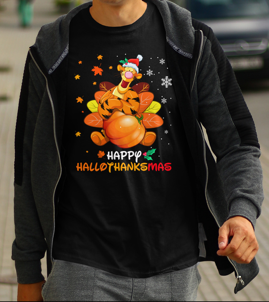 Happy Hallothanksmas Tg Tiger With Pumpkin Santa Hat And Turkey Feathers Snowflakes And Autumn Leaves T-Shirt