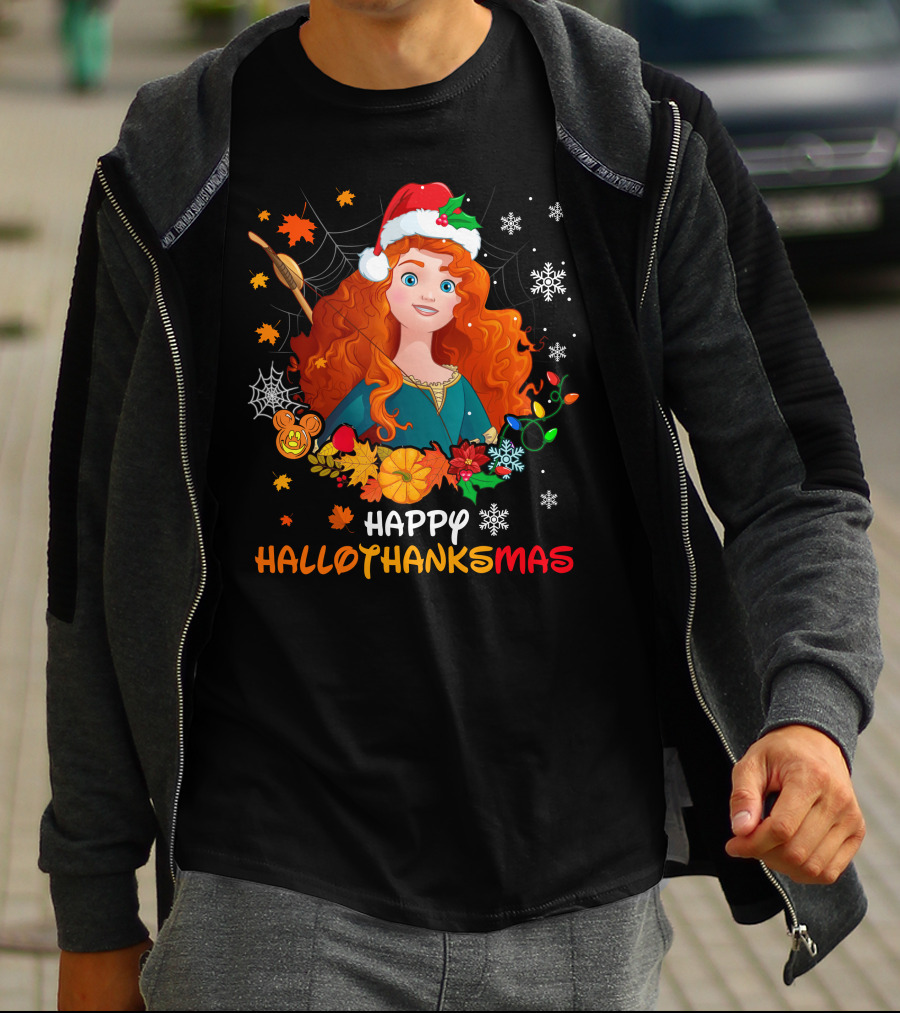 Happy Hallothanksmas With Festive Redhead Character And Holiday T-Shirt