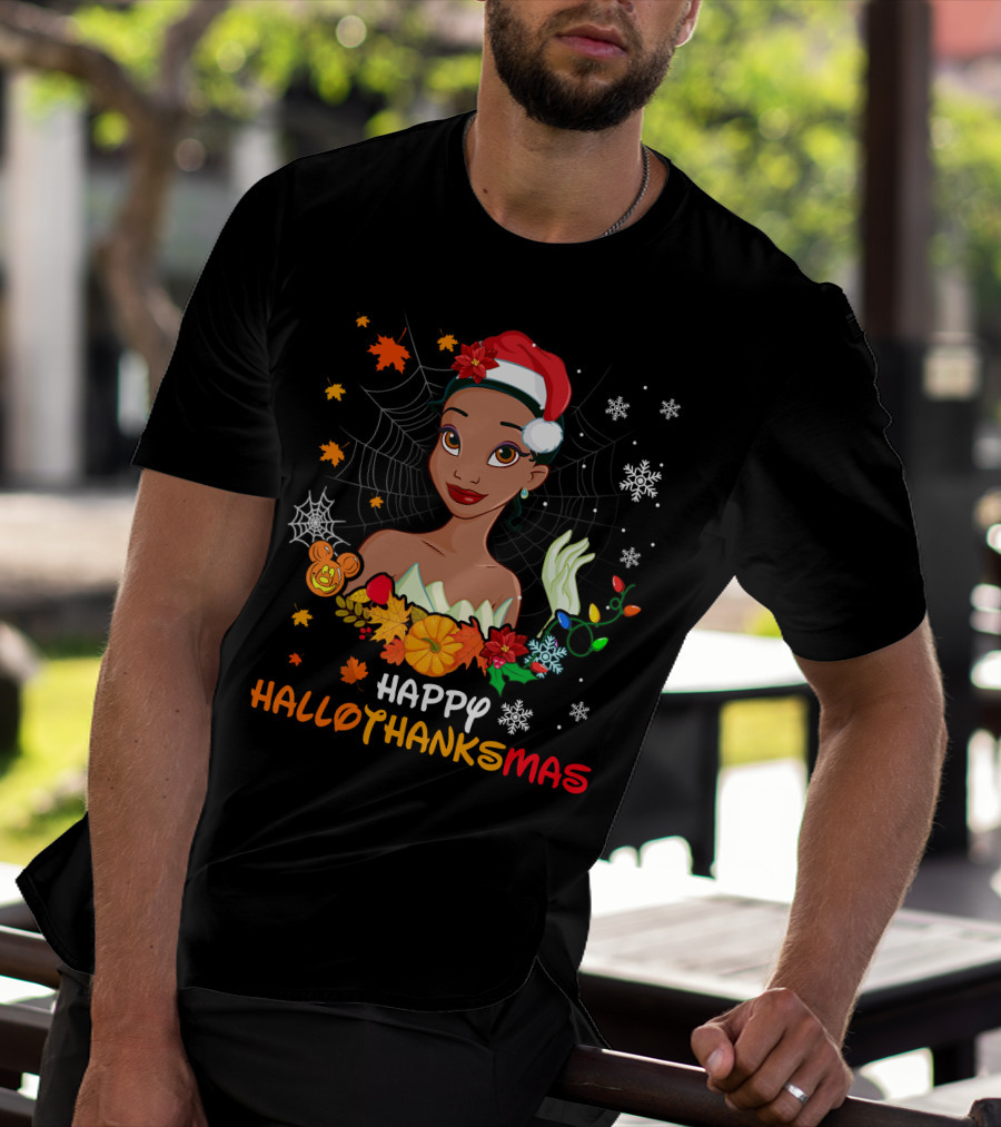 Happy Hallothanksmas Tiana Disney Princess With Santa Hat Spider Web And Holiday Decorations T-Shirt
