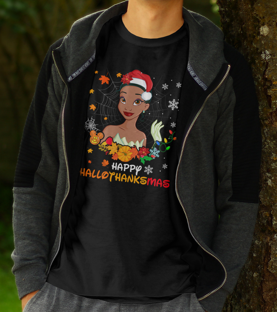 Happy Hallothanksmas Tiana Disney Princess With Santa Hat Spider Web And Holiday Decorations T-Shirt