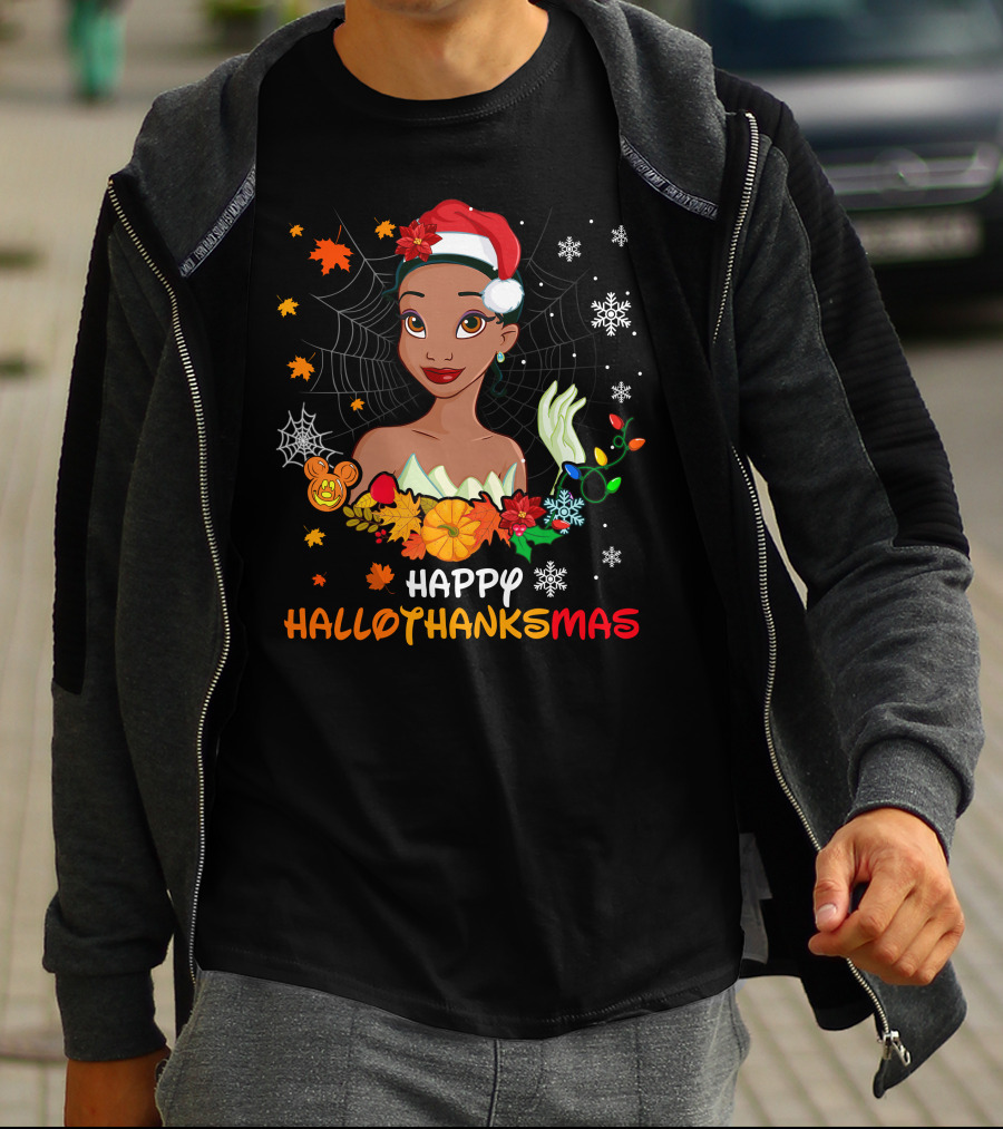 Happy Hallothanksmas Tiana Disney Princess With Santa Hat Spider Web And Holiday Decorations T-Shirt