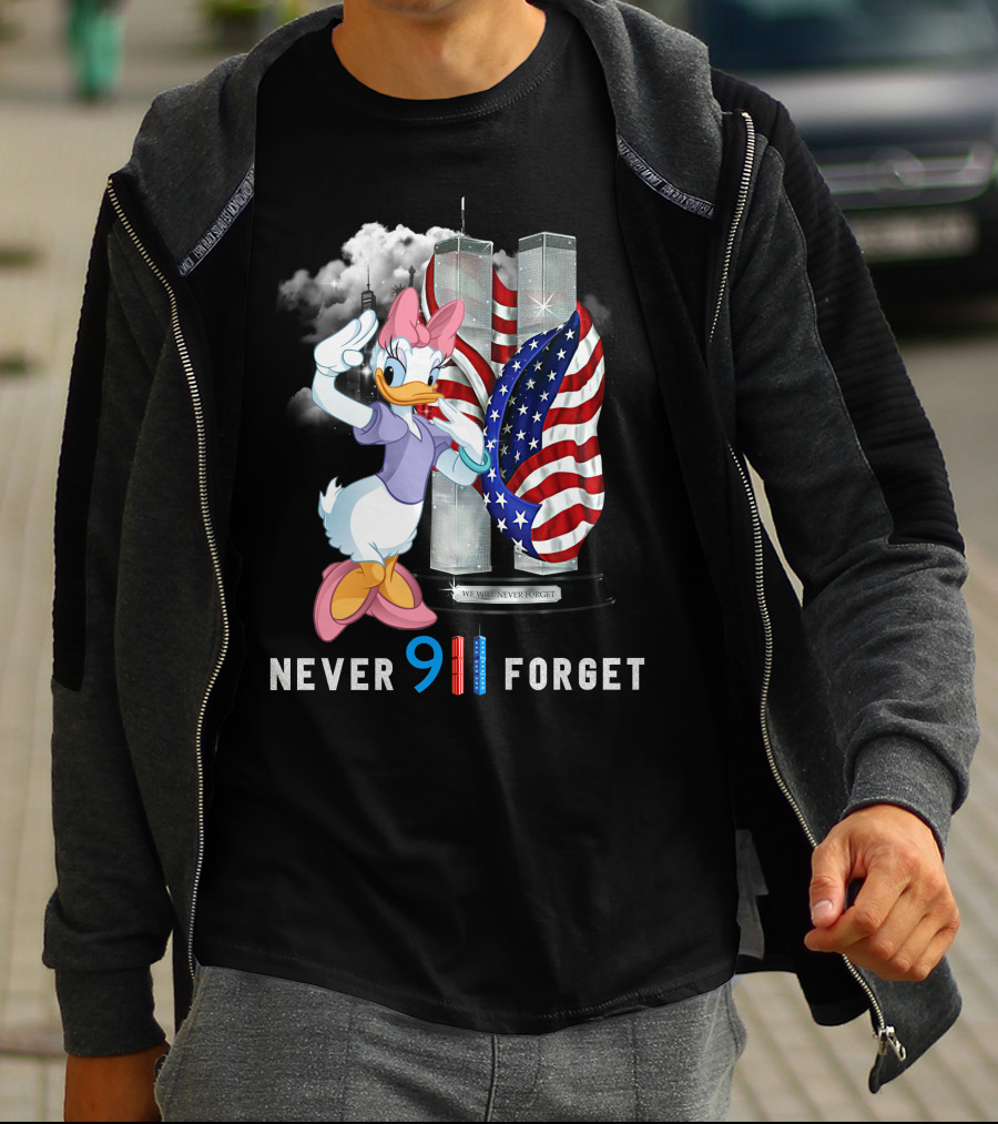 Never 9 11 Forget Daisy Twin Towers American Flag T-Shirt