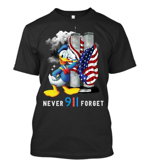 Donald Duck Never 9/11 Forget Twin Towers American Flag T-Shirt