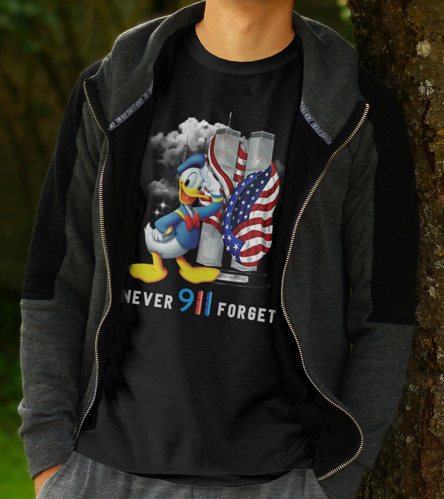Donald Duck Never 9/11 Forget Twin Towers American Flag T-Shirt