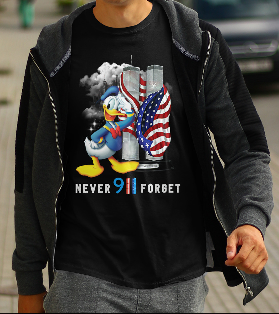 Donald Duck Never 9/11 Forget Twin Towers American Flag T-Shirt