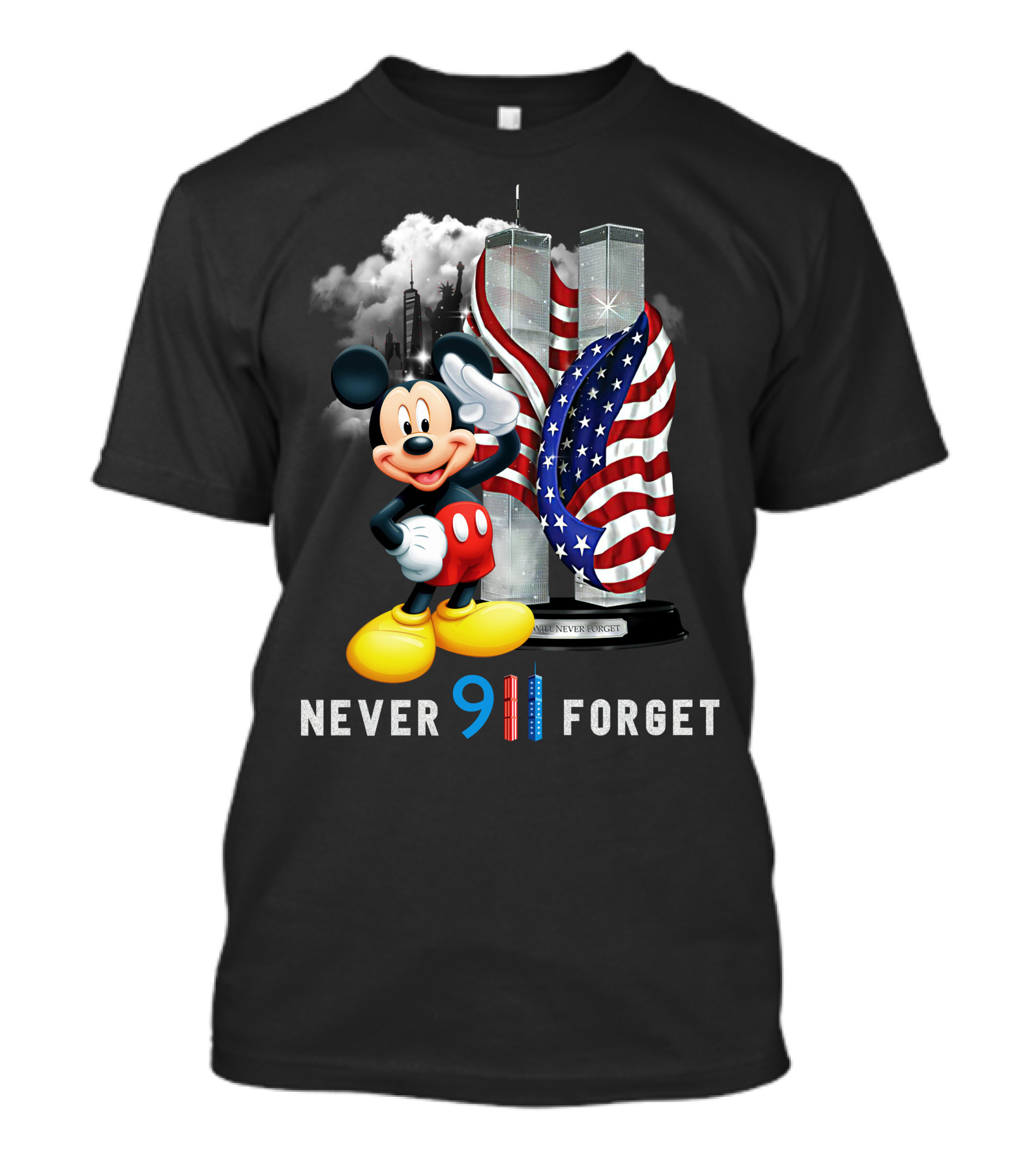 Never 9/11 Forget Mickey Twin Towers American Flag T-Shirt