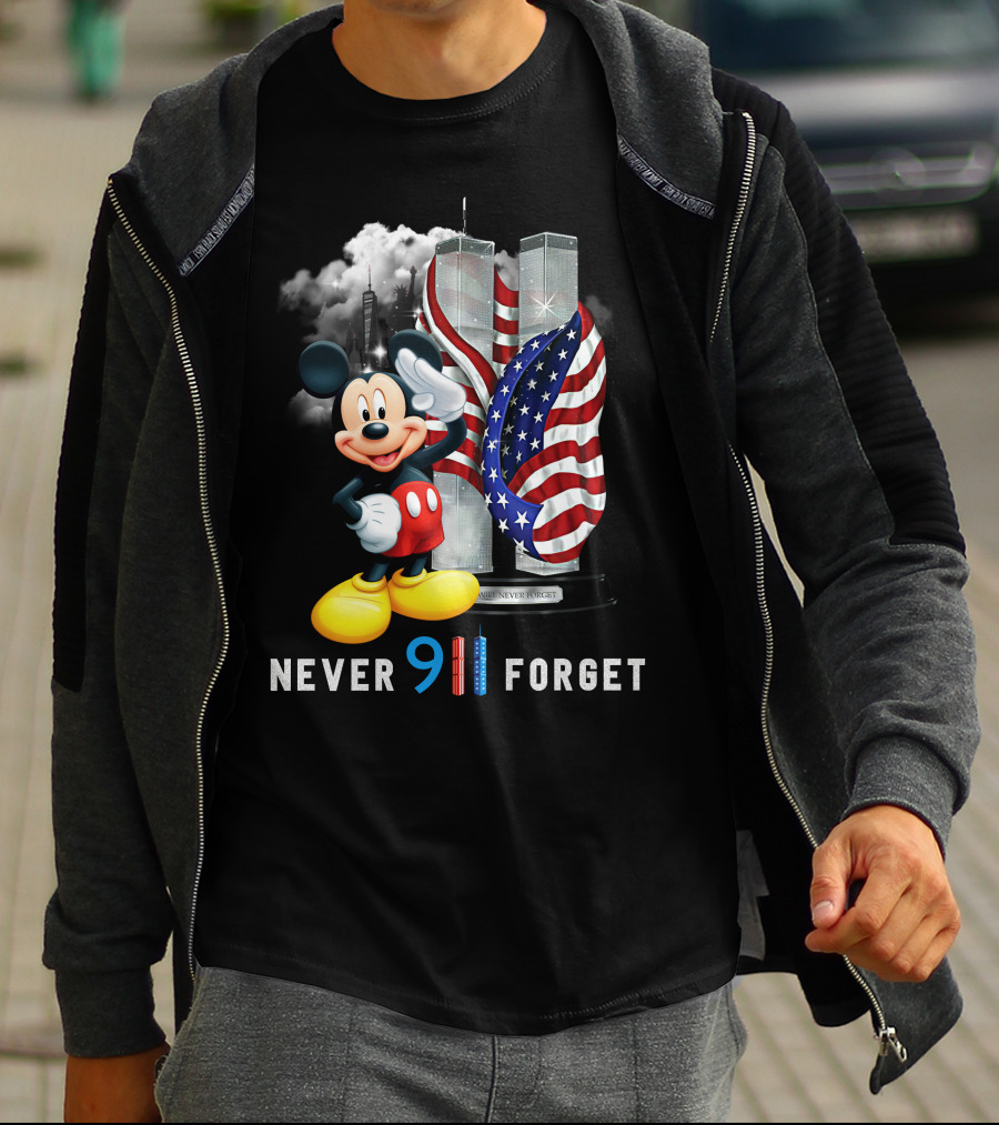 Never 9/11 Forget Mickey Twin Towers American Flag T-Shirt