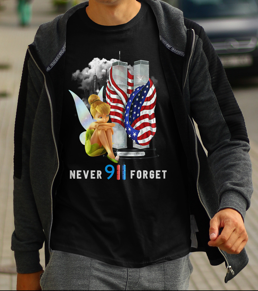 Tinker Bell Never 9/11 Forget Twin Towers American Flag Memorial T-Shirt