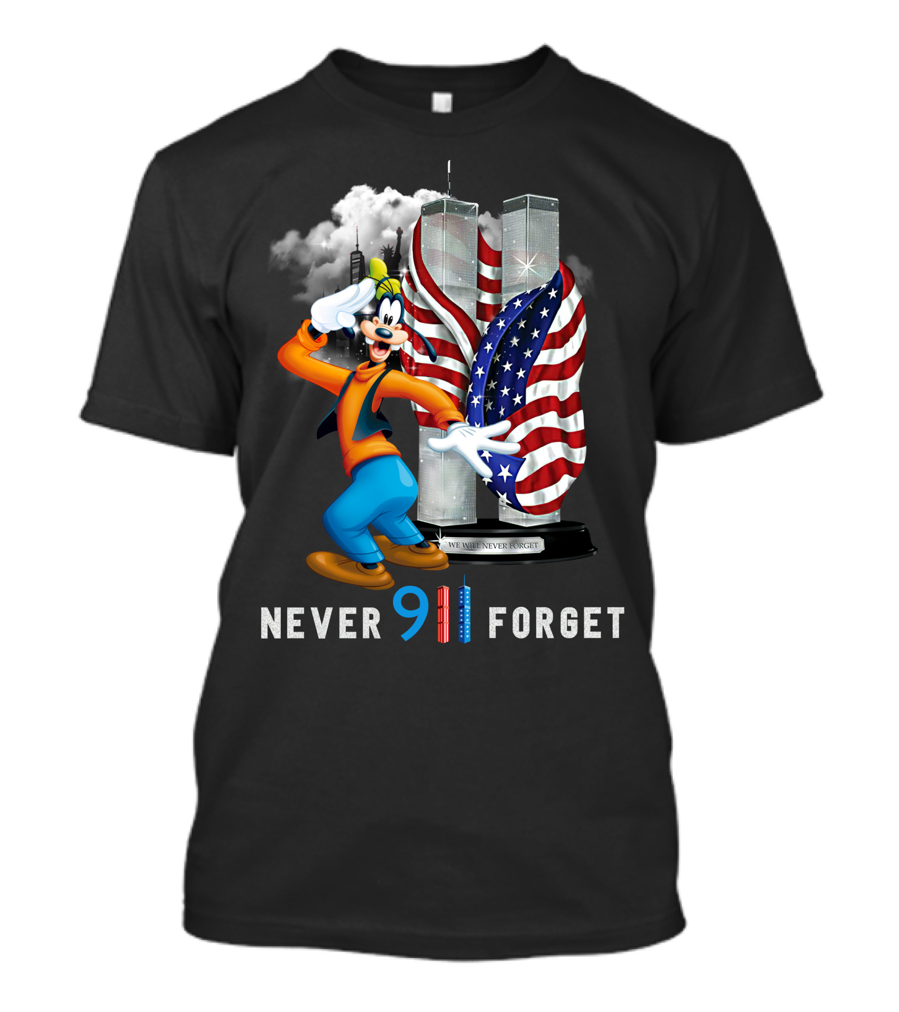 Never 911 Forget Goofy-D Twin Towers Salute American Flag T-Shirt