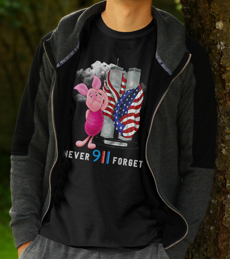 Never 9 11 Forget Piglet Twin Towers American Flag T-Shirt