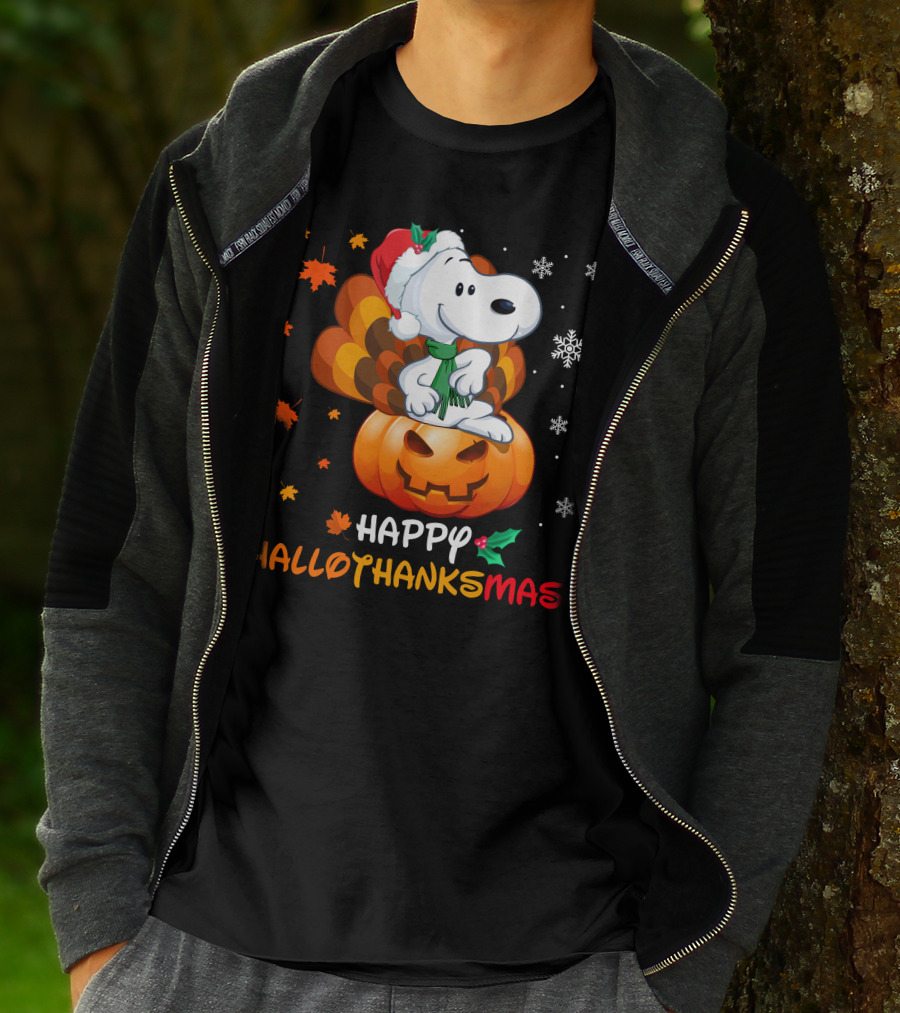 Happy Hallothanksmas Snoopy Christmas Pumpkin Turkey Leaves Snowflakes T-Shirt