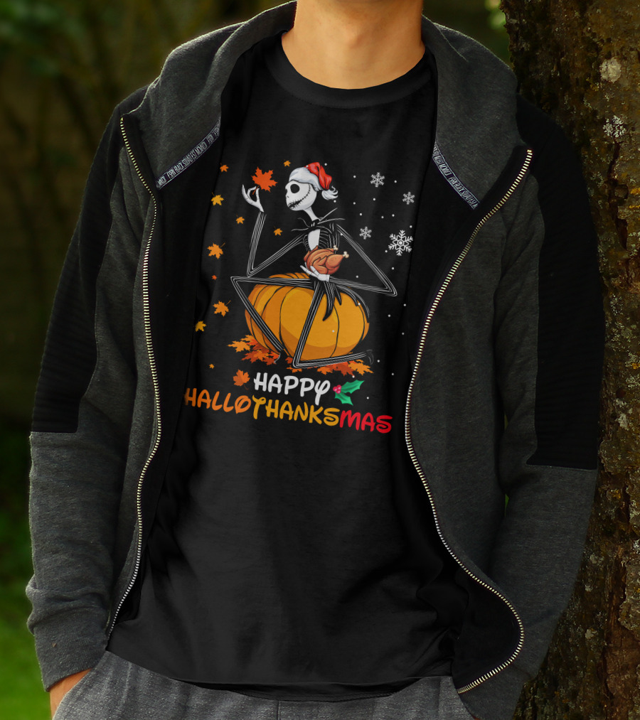 Happy Hallothanksmas Jack Skellington Pumpkin Santa Hat T-Shirt