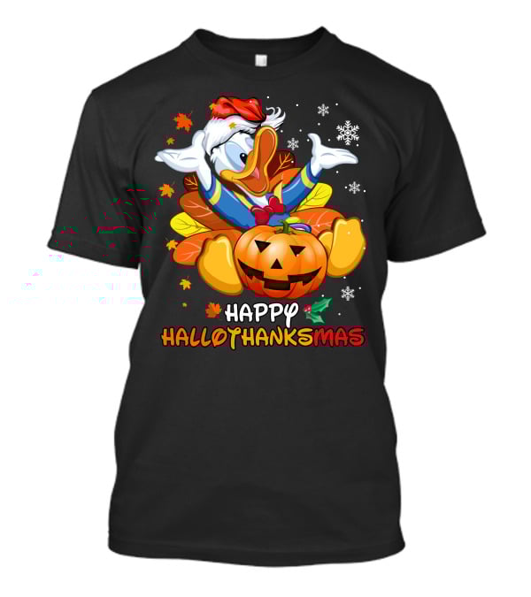Happy Hallowthanksmas Donald Duck Pumpkin Leaves Snowflakes Santa Hat T-Shirt
