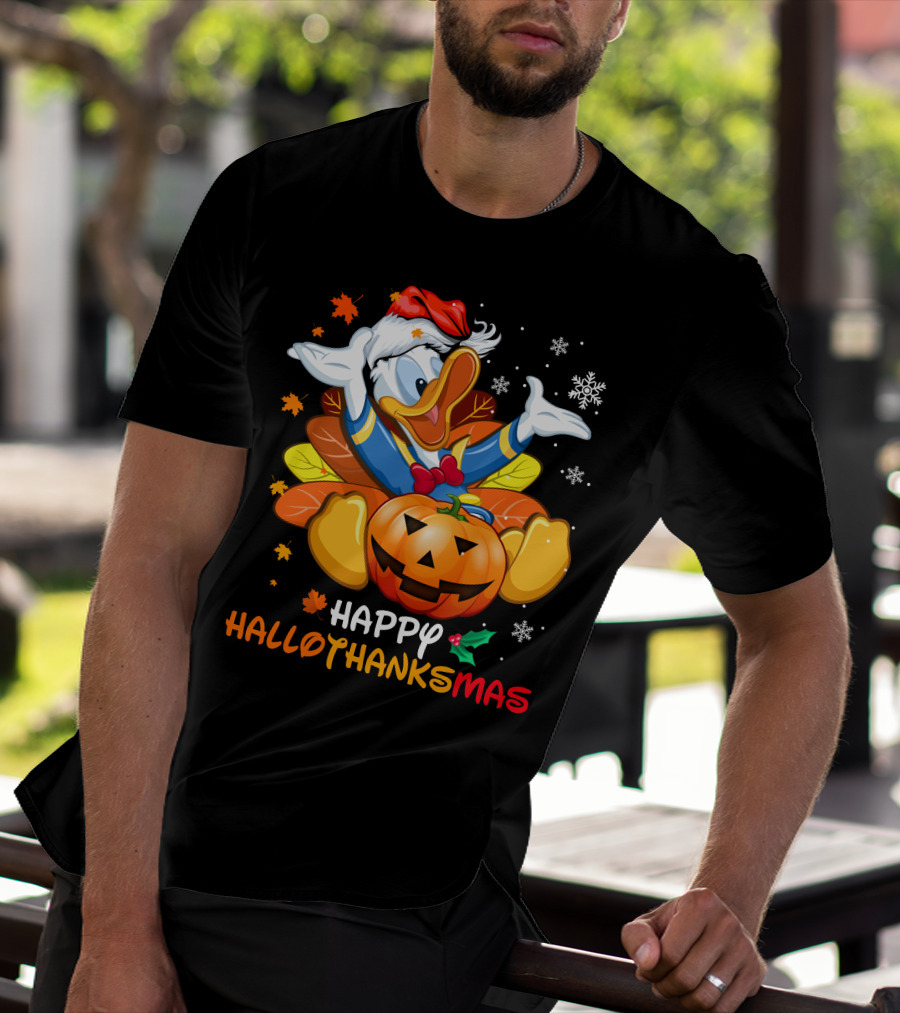 Happy Hallowthanksmas Donald Duck Pumpkin Leaves Snowflakes Santa Hat T-Shirt