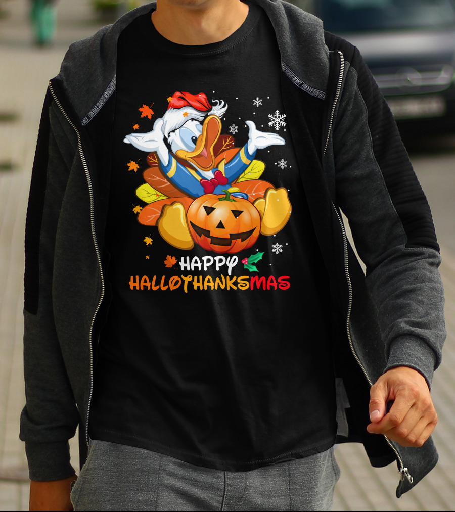 Happy Hallowthanksmas Donald Duck Pumpkin Leaves Snowflakes Santa Hat T-Shirt