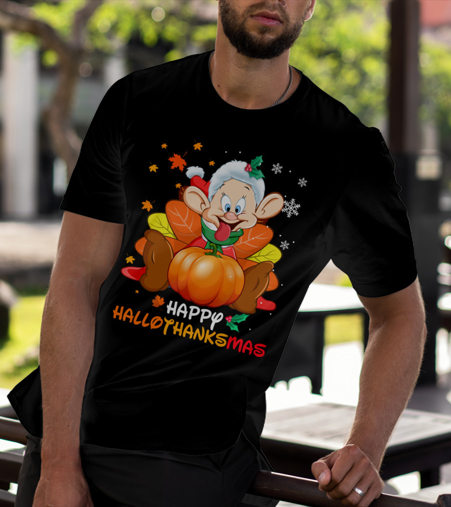 Happy Hallothanksmas Dopey Pumpkin Leaves Snowflakes T-Shirt