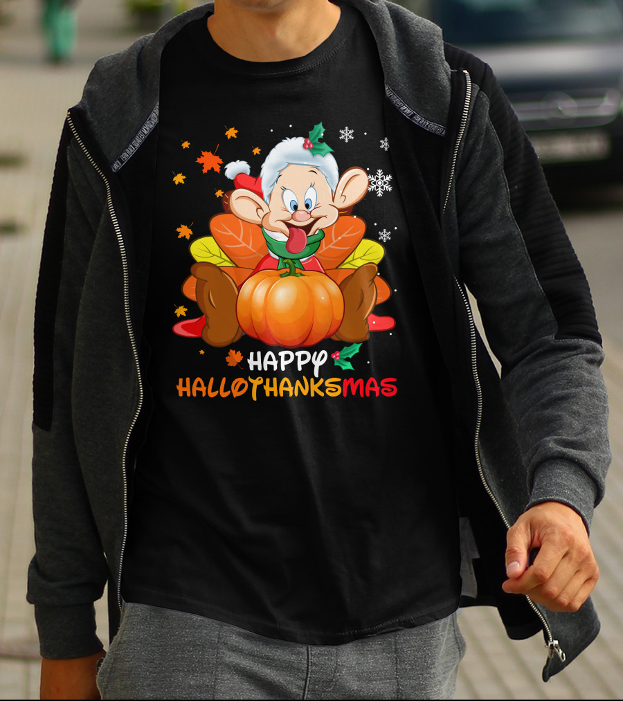 Happy Hallothanksmas Dopey Pumpkin Leaves Snowflakes T-Shirt