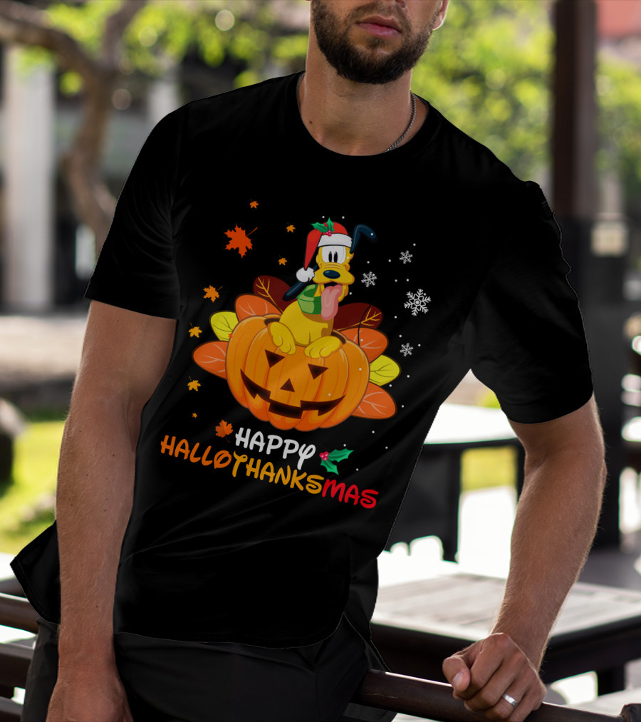 Happy Hallothanksmas Pluto Christmas Halloween Thanksgiving T-Shirt