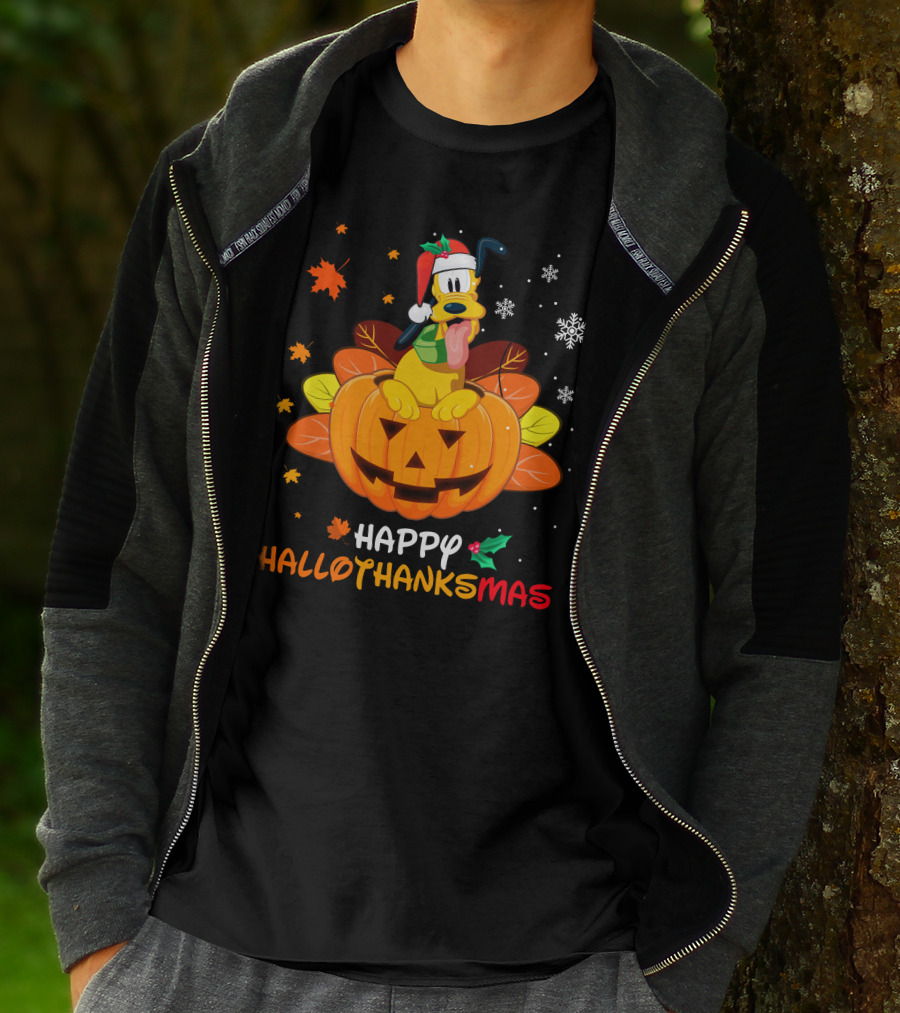 Happy Hallothanksmas Pluto Christmas Halloween Thanksgiving T-Shirt