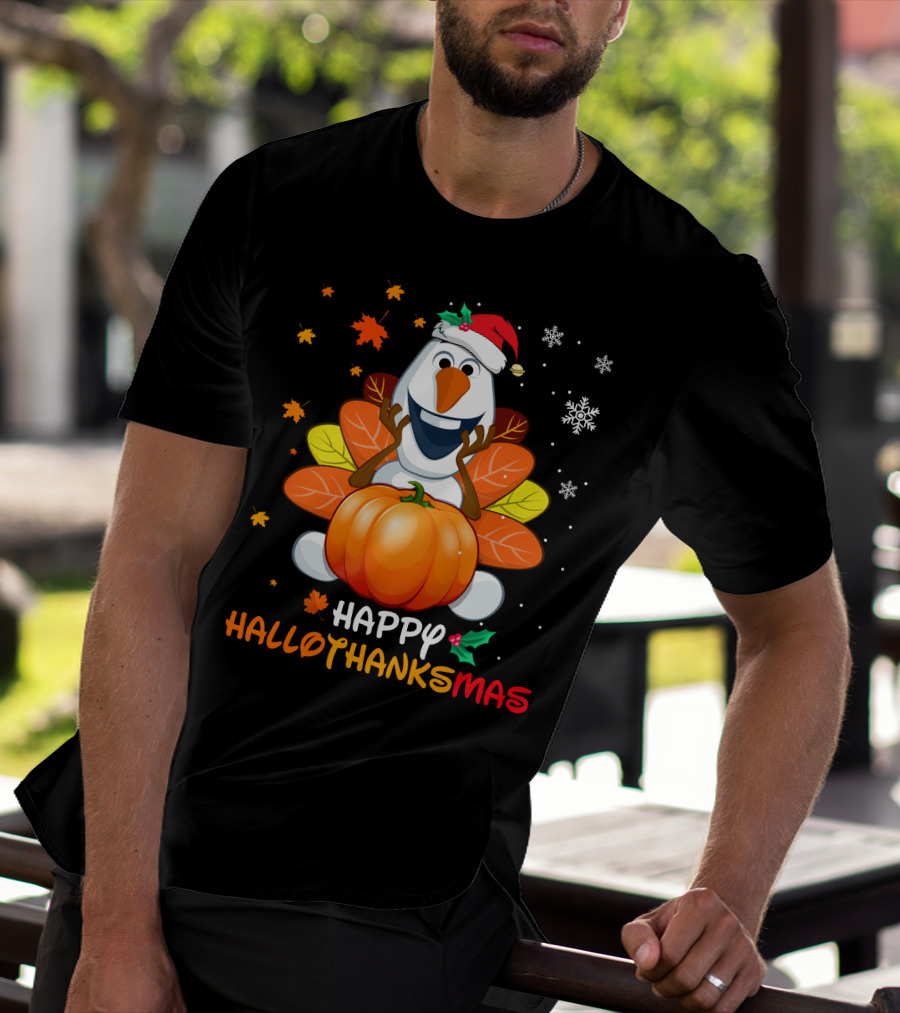 Happy Hallothanksmas Olaf Santa Hat Pumpkin Leaves Snowflakes T-Shirt