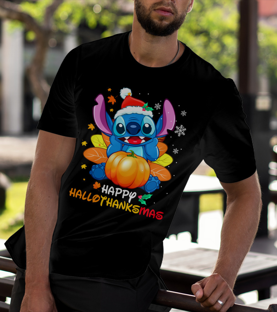 Happy Hallothanksmas Stitch Pumpkin Santa Hat Leaves Snowflakes T-Shirt