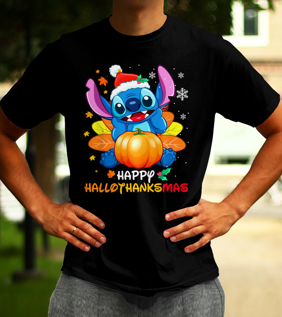 Happy Hallothanksmas Stitch Pumpkin Santa Hat Leaves Snowflakes T-Shirt