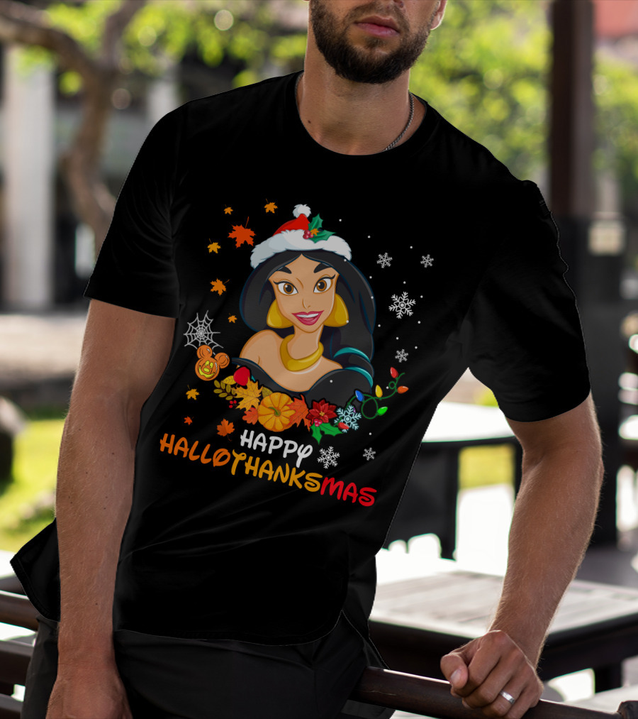 Happy Hallothanksmas Jasmine Fall Leaves Pumpkins Snowflakes T-Shirt