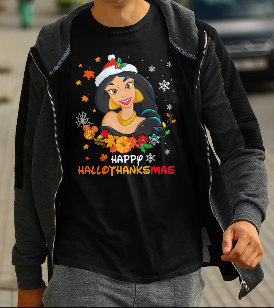 Happy Hallothanksmas Jasmine Fall Leaves Pumpkins Snowflakes T-Shirt