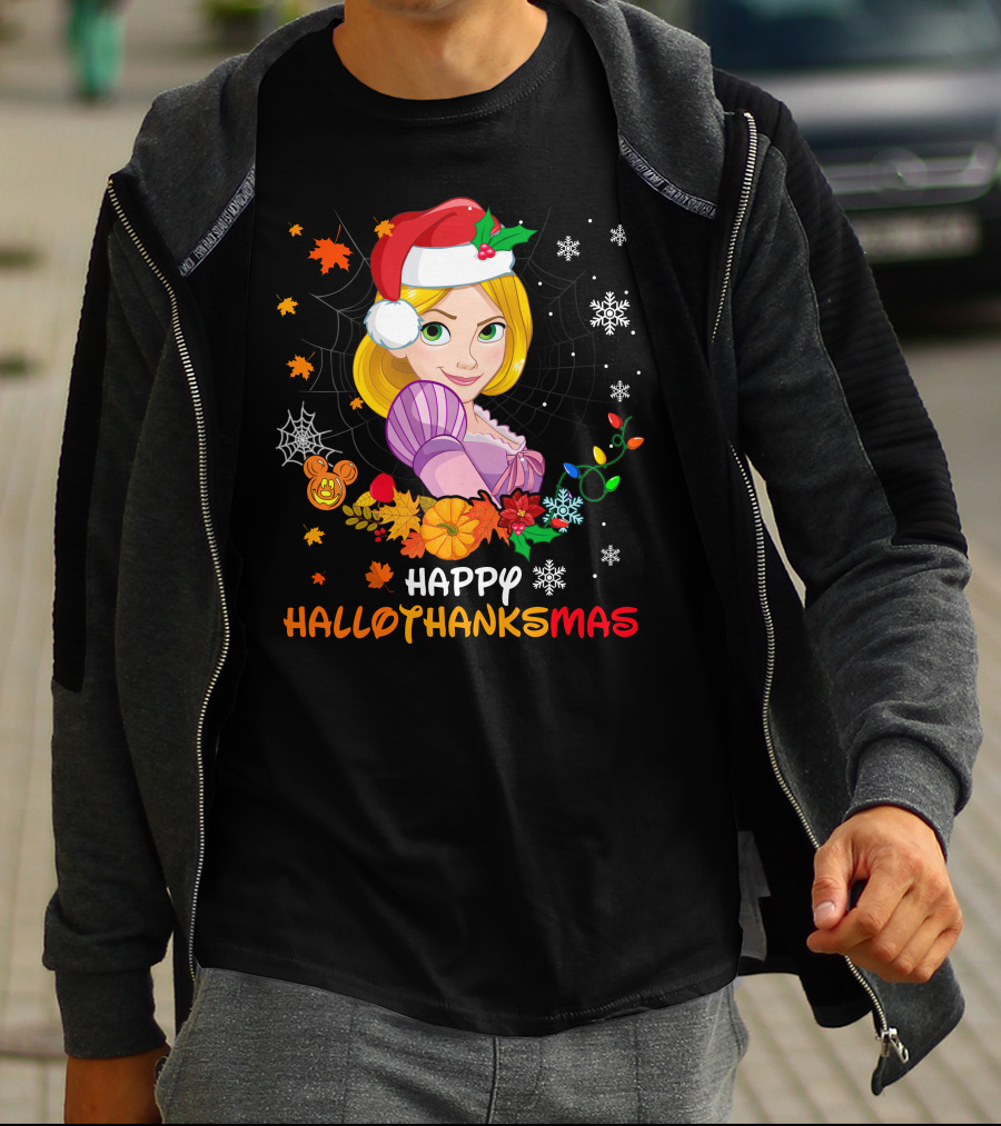 Happy Hallothanksmas Rapunzel Festive Mashup With Santa Hat Autumn Leaves And Christmas Lights T-Shirt