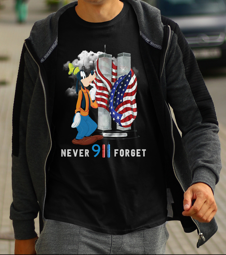 Never Forget Goofy 9/11 Twin Towers American Flag Memorial T-Shirt