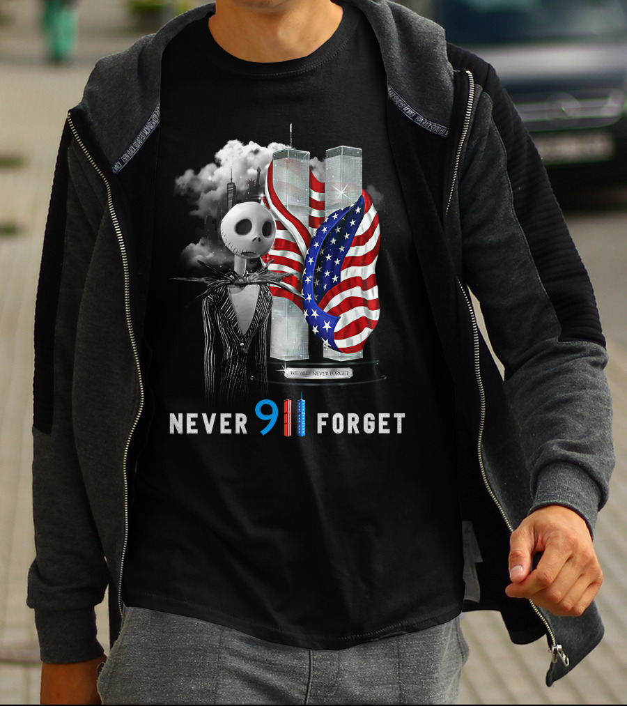Jack Skellington 9/11 Never Forget Twin Towers American Flag T-Shirt
