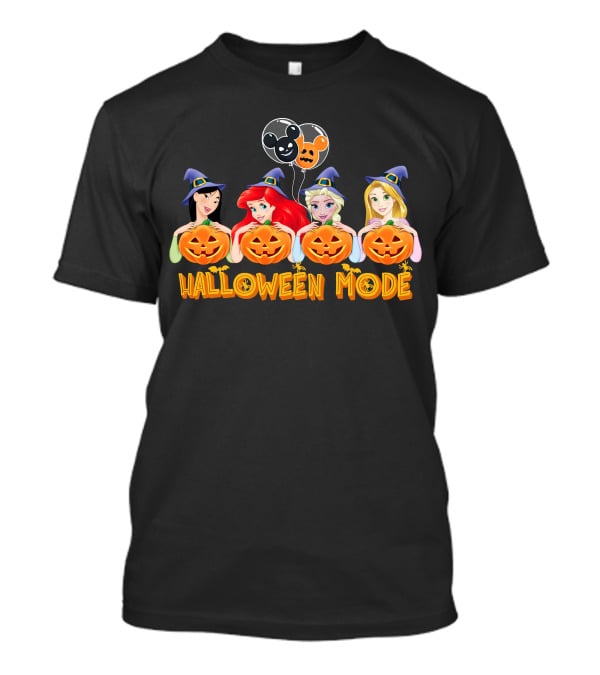 Halloween Mode Princess Characters With Pumpkins And Mickey Balloons T-Shirt