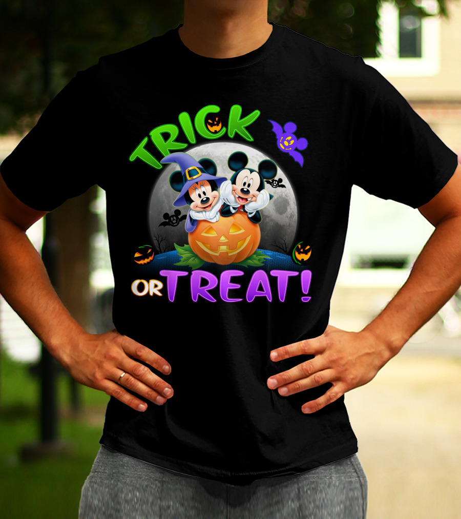 Trick Or Treat Mickey And Minnie Halloween Pumpkin Moon Bat T-Shirt