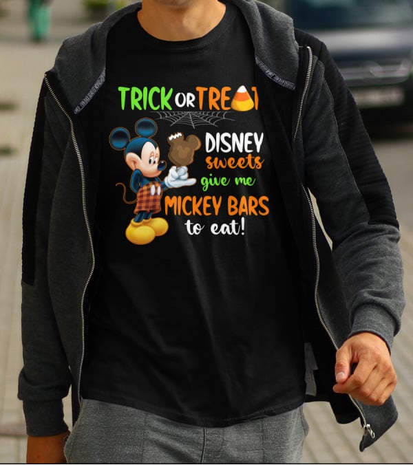 Trick Or Treat Disney Sweets Give Me Mickey Bars To Eat Candy Corn And Spiderweb With Mickey Mouse Eating Chocolate Ice Cream T-Shirt