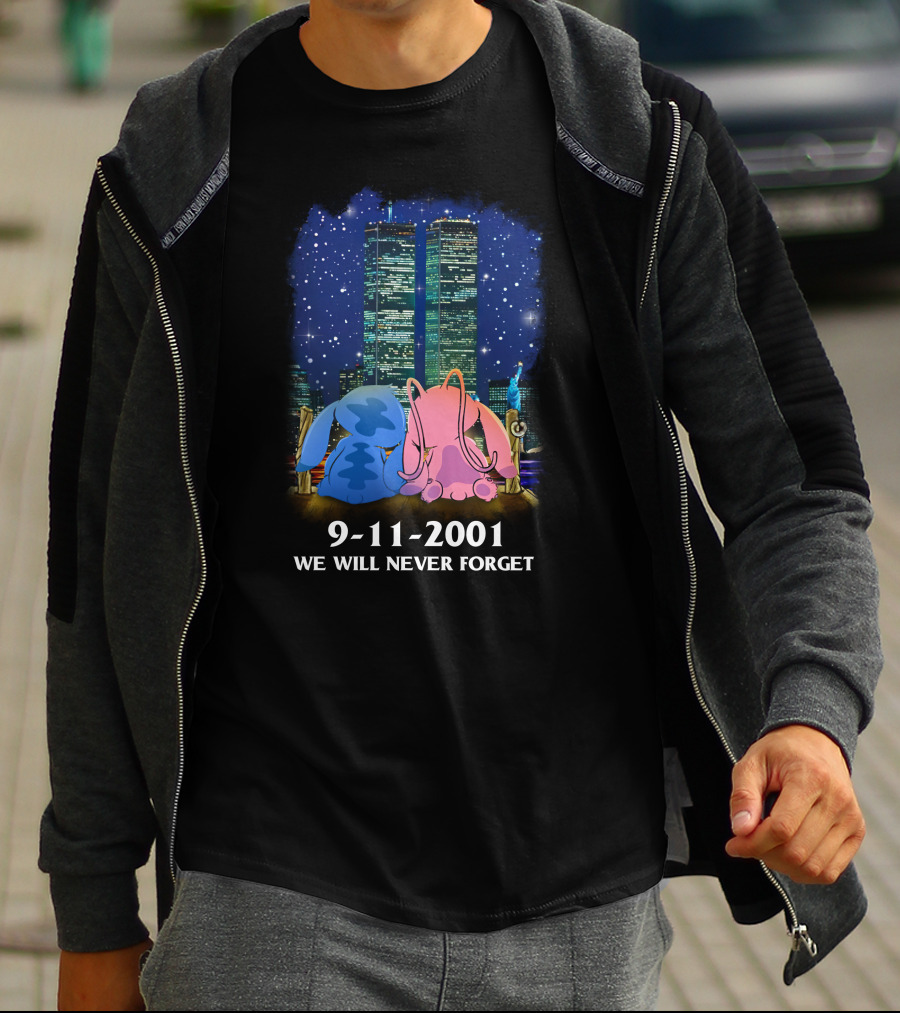 Stitch & Angel-D 9-11-2001 We Will Never Forget Memorial Twins T-Shirt