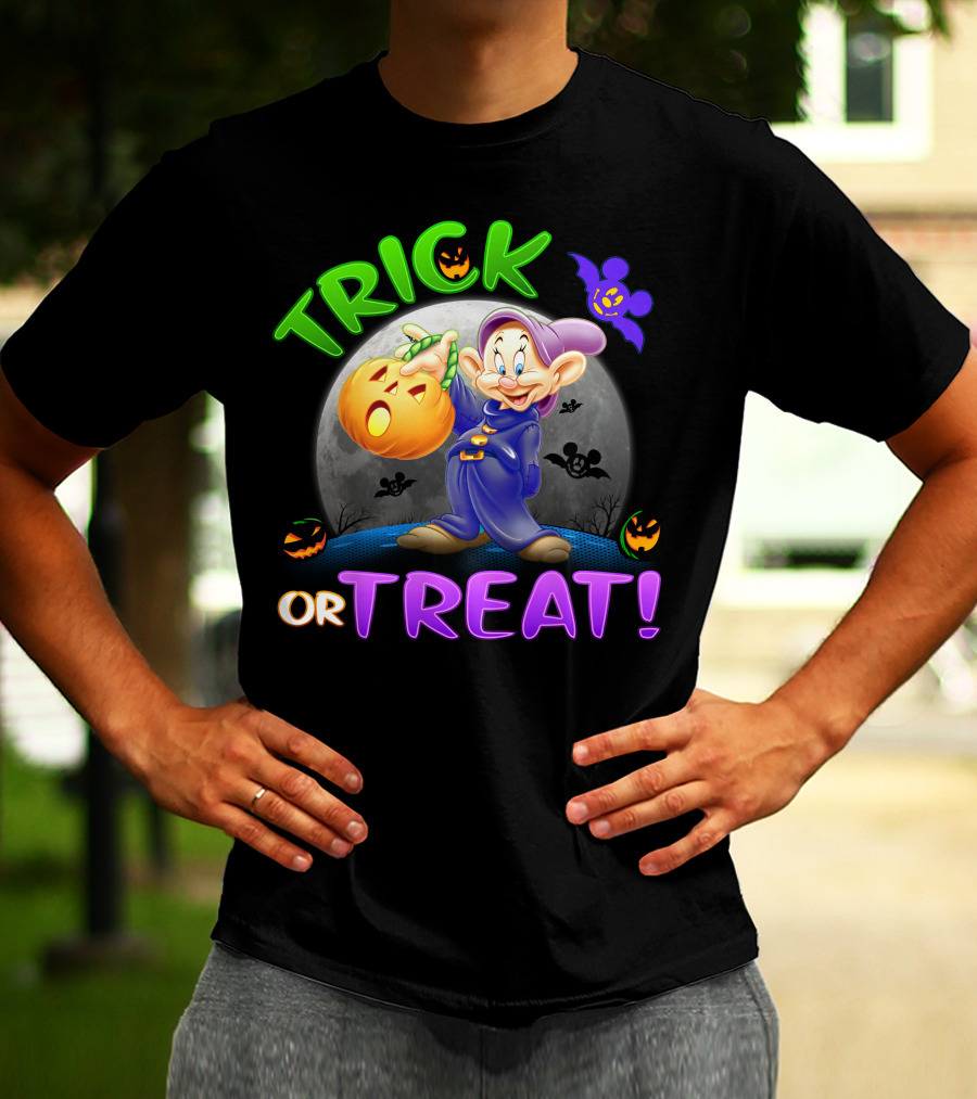 Trick Or Treat Dopey Halloween Disney Character With Pumpkin And Bat T-Shirt