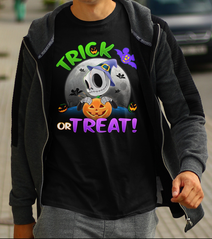Trick Or Treat Jack Skellington In Halloween Moon With Pumpkins And Purple Bat T-Shirt