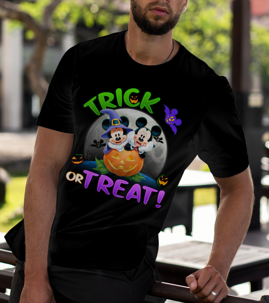 Trick Or Treat Mickey And Minnie Halloween Jack-O'-Lantern Moon T-Shirt