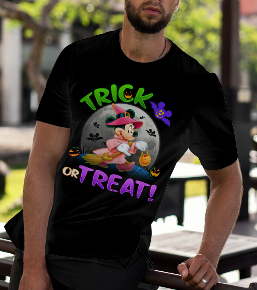 Trick Or Treat Minnie Halloween Witch Costume Broom Moon Bats Pumpkins T-Shirt