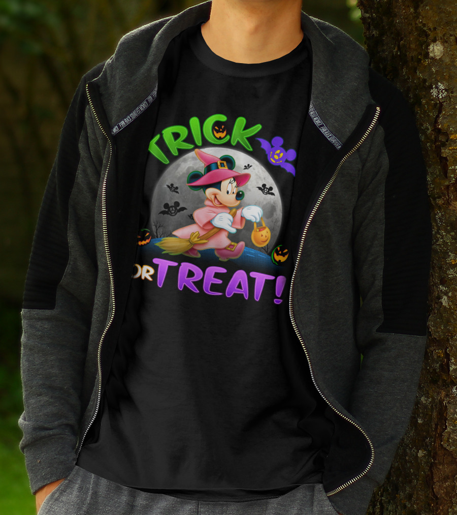 Trick Or Treat Minnie Halloween Witch Costume Broom Moon Bats Pumpkins T-Shirt