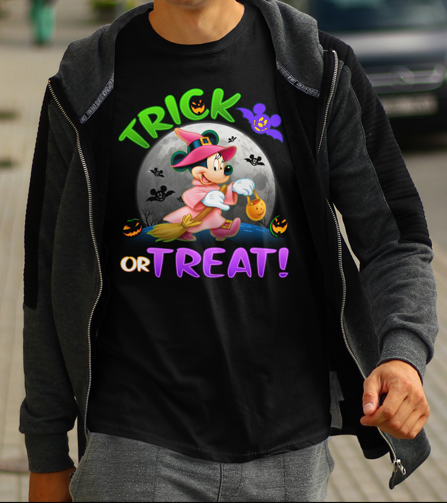 Trick Or Treat Minnie Halloween Witch Costume Broom Moon Bats Pumpkins T-Shirt