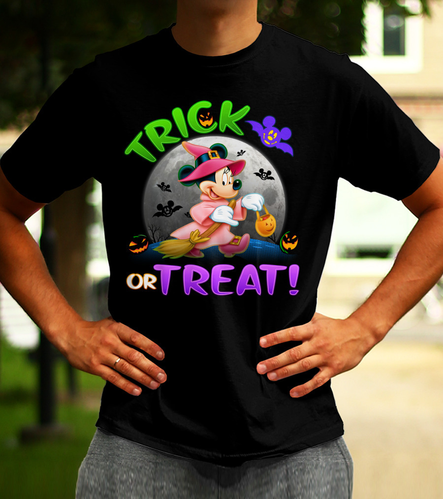 Trick Or Treat Minnie Halloween Witch Costume Broom Moon Bats Pumpkins T-Shirt