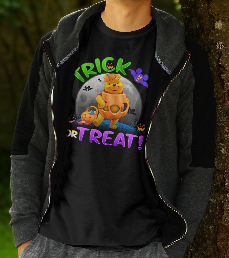 Trick Or Treat Pooh Halloween Moon Bats And Pumpkins T-Shirt