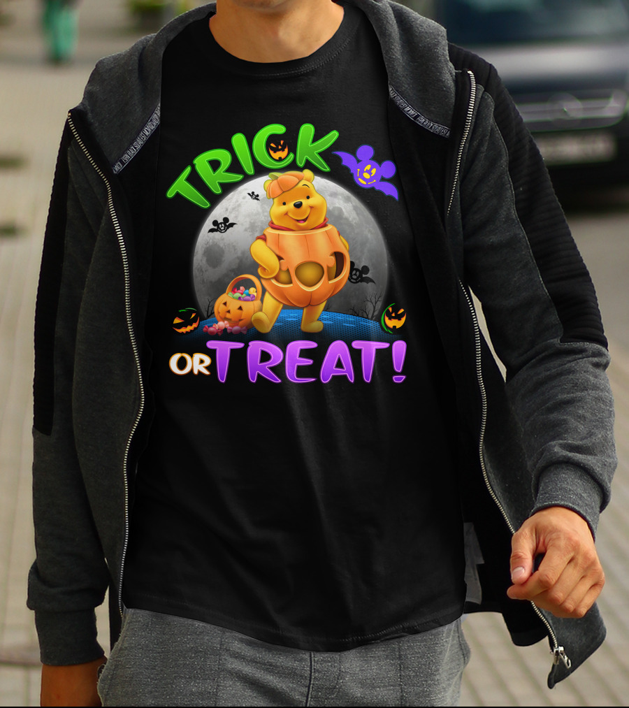 Trick Or Treat Pooh Halloween Moon Bats And Pumpkins T-Shirt