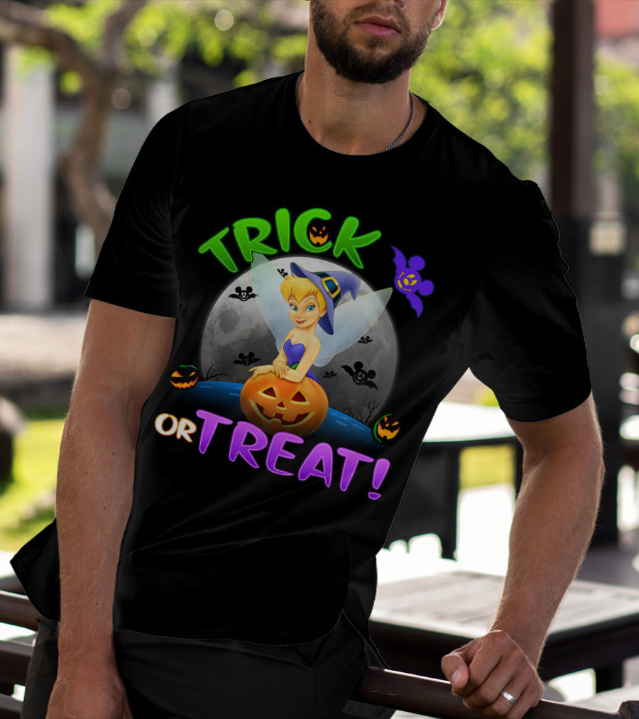 Trick Or Treat Tinker Bell Halloween Jack-O'-Lantern Moon Bat Mickey Ears T-Shirt